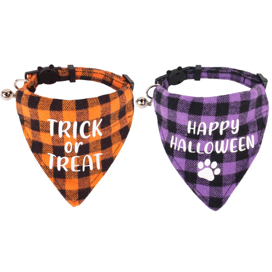 Halloween Cat Collars Breakaway with Bell 2 Pack Adjustable Cat Bandana Collar with Cute Halloween Pattern Orange Purple Plaid Cat Halloween Collars for Cats Kittens (Halloween)