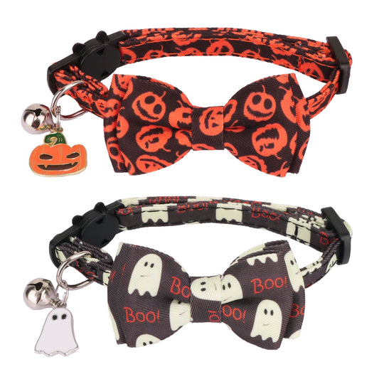 Halloween Cat Collar with Bowtie Bell 2 Pack Halloween Kitten Collar with Removable Bow Pumpkin Ghost Cat Halloween Collars for Cat Kitten (Halloween)