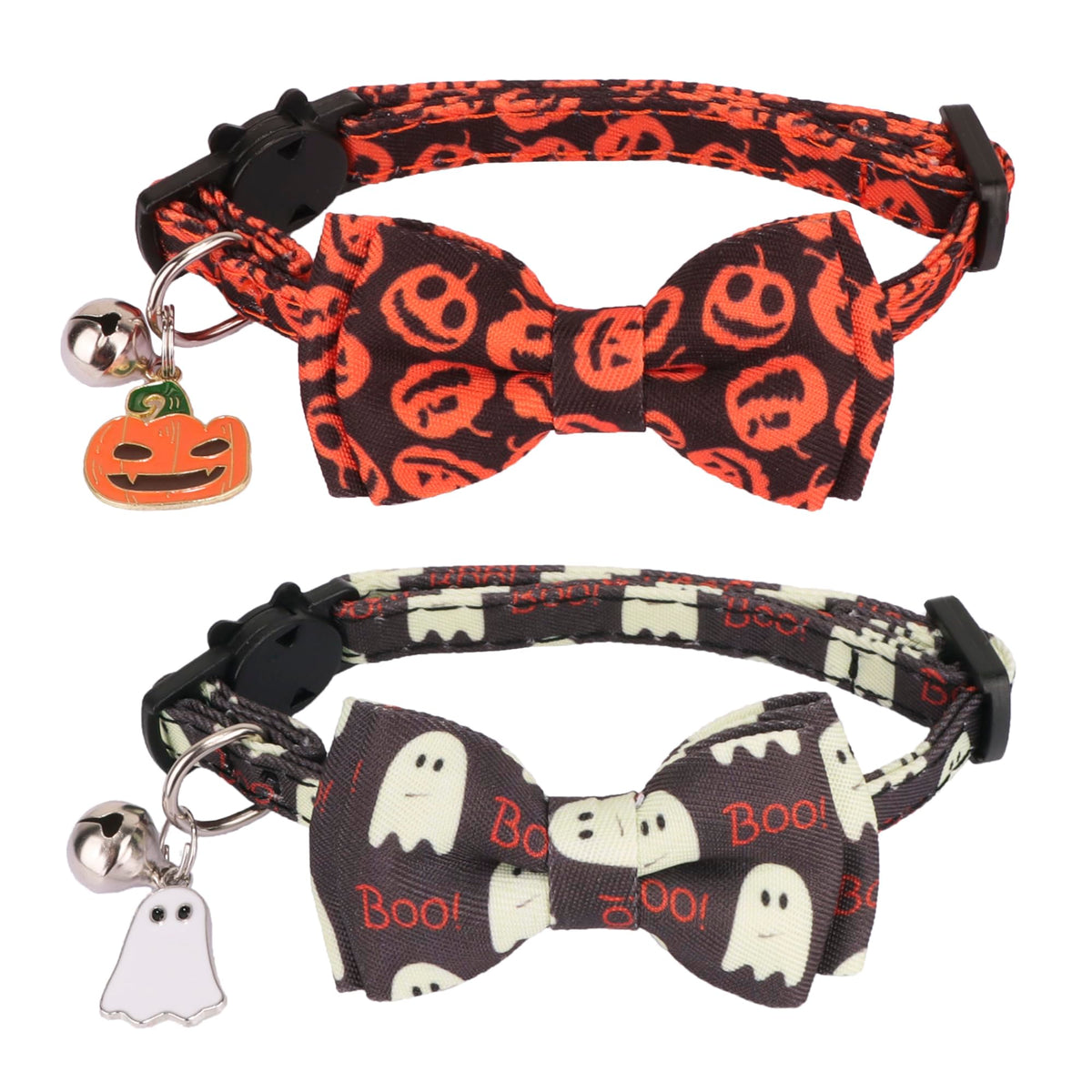 Halloween Cat Collar with Bowtie Bell 2 Pack Halloween Kitten Collar with Removable Bow Pumpkin Ghost Cat Halloween Collars for Cat Kitten (Halloween)