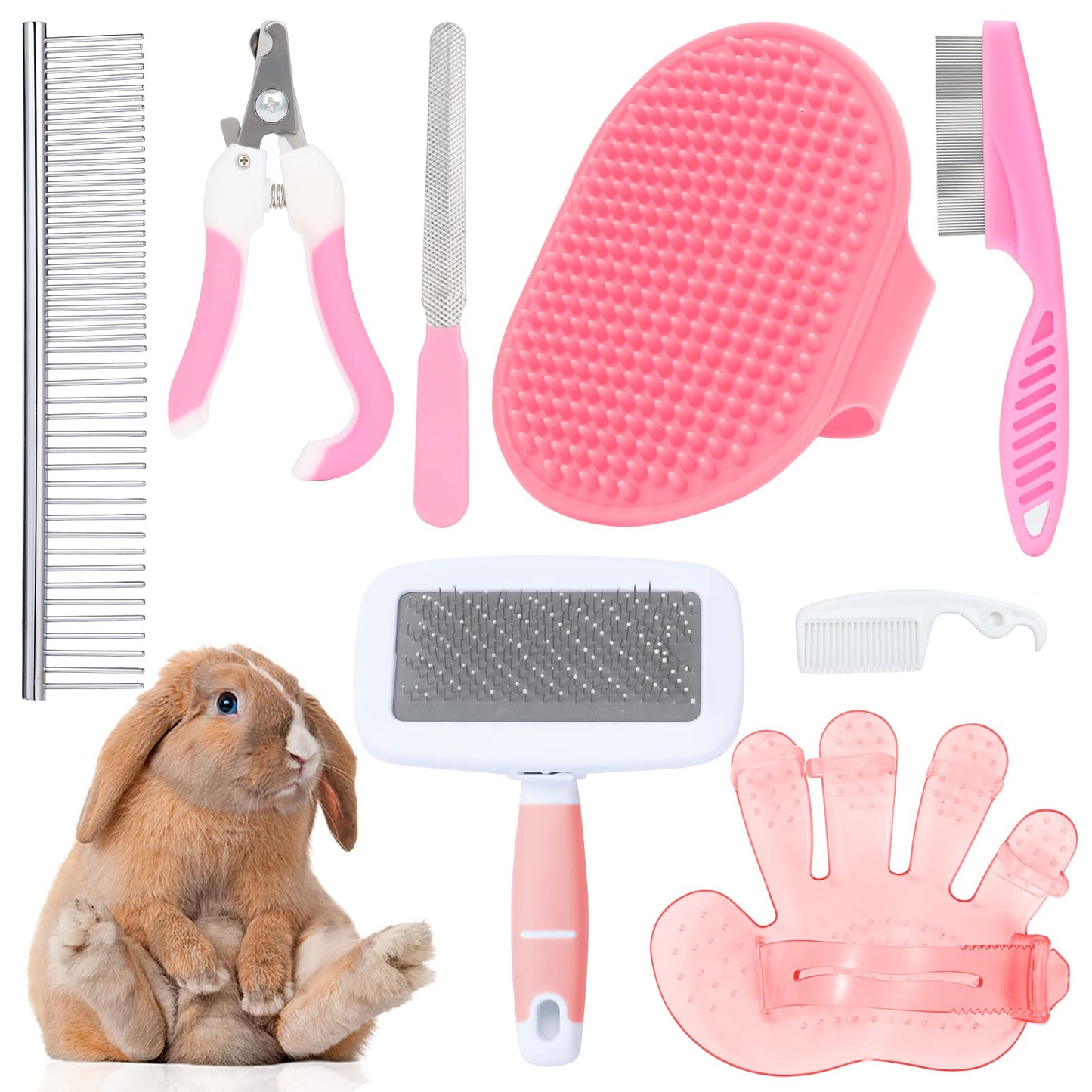 Rabbit and Small Pet Grooming Kit - Slicker Brush Massage Glove Nail Clipper Flea Comb Double-Sided Brush for Rabbits Guinea Pigs Hamsters (Pink)